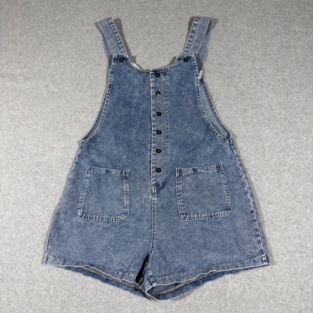 Denim Blue Acid Wash Short Romper Overalls Womens Size S Button Front Boho Indie
